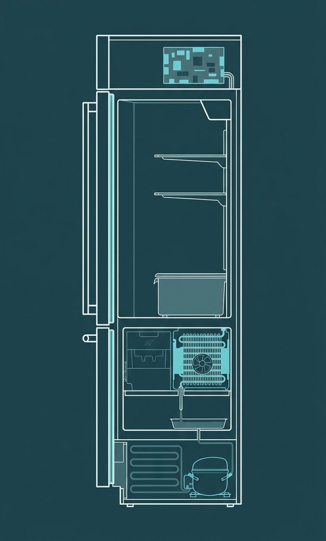 Cutaway drawing of a built-in refrigerator: five serviceable components are marked, each described in the list beside the drawing